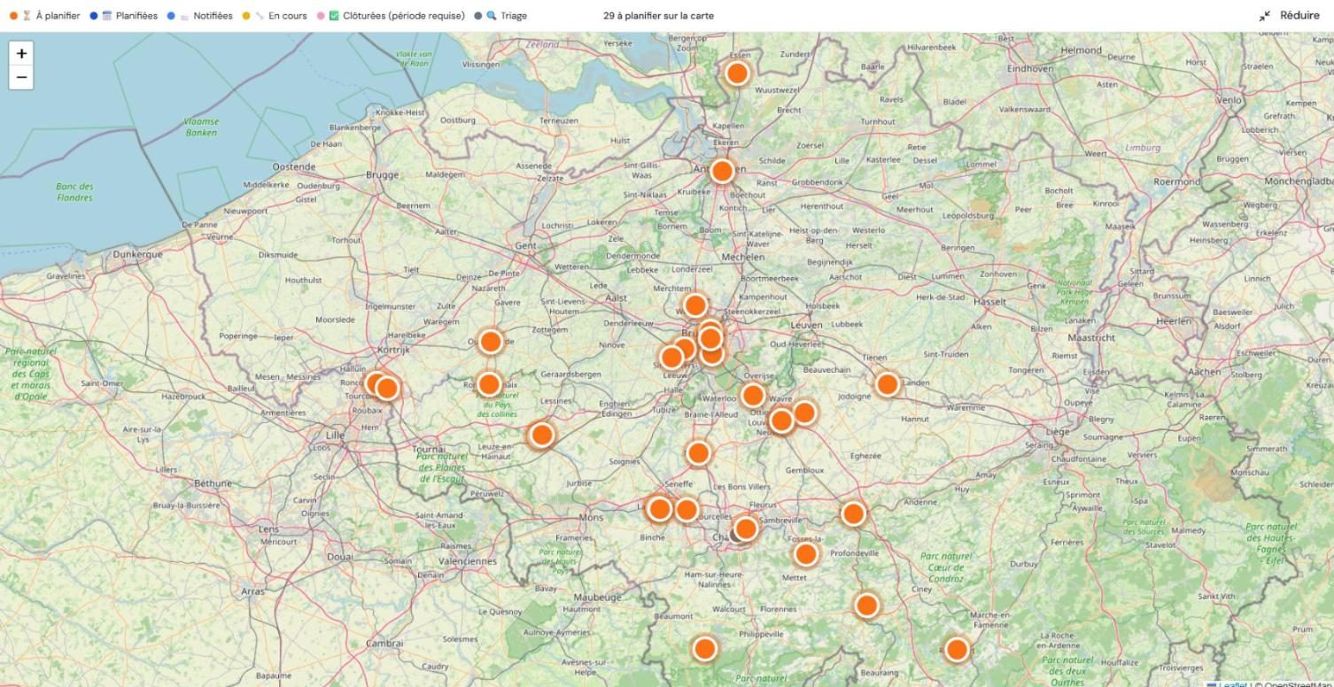 Carte de la Belgique et des régions voisines : chaque intervention à planifier y est marquée d'un point orange.