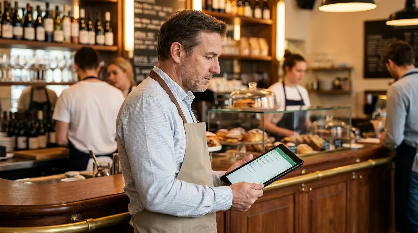 Restaurateur consultant une checklist audit digital sur tablette