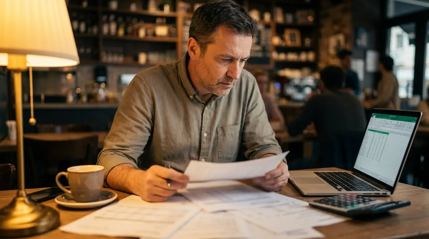 Restaurateur calculant le budget de digitalisation
