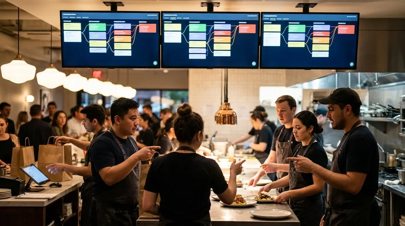 Comptoir avec écrans de commandes connectés et synchronisés