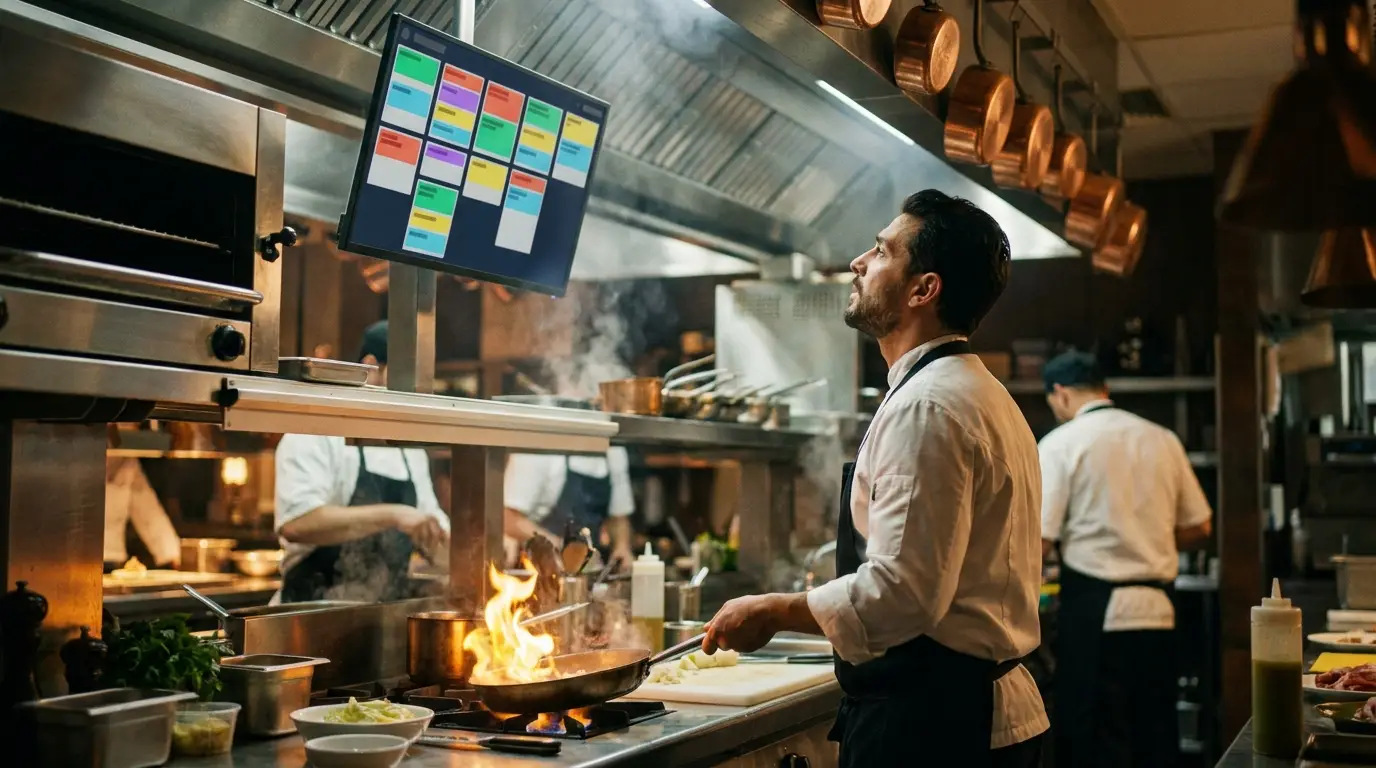 Écran de cuisine KDS affichant les commandes