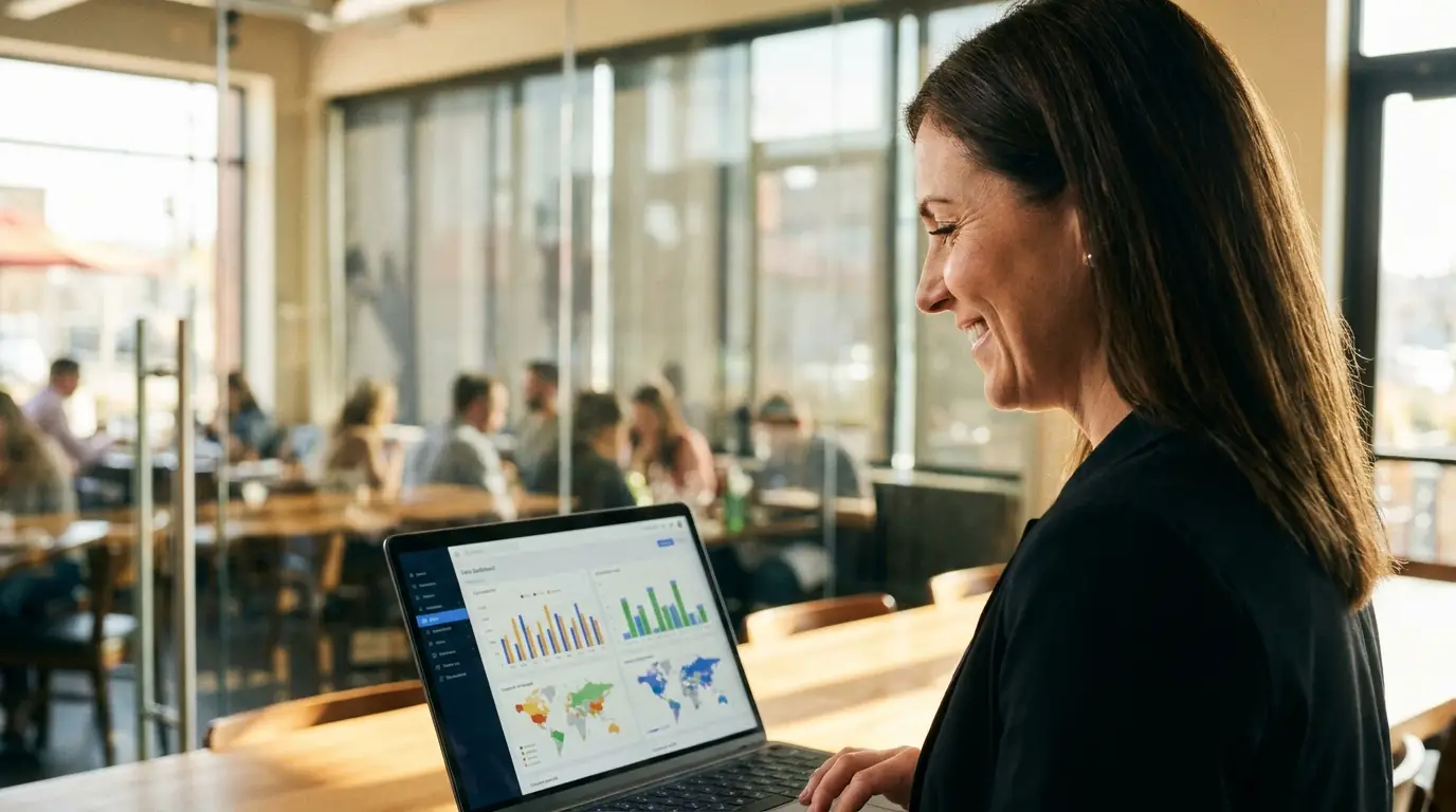 Gérant supervisant plusieurs restaurants sur un tableau de bord